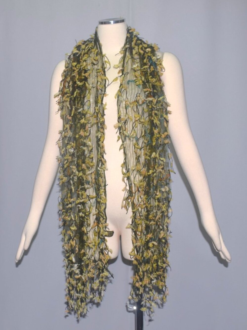 Vintage Fleurs Fiber Art Rectangle Sheer Web Scarf with Fringe Pieces Silk